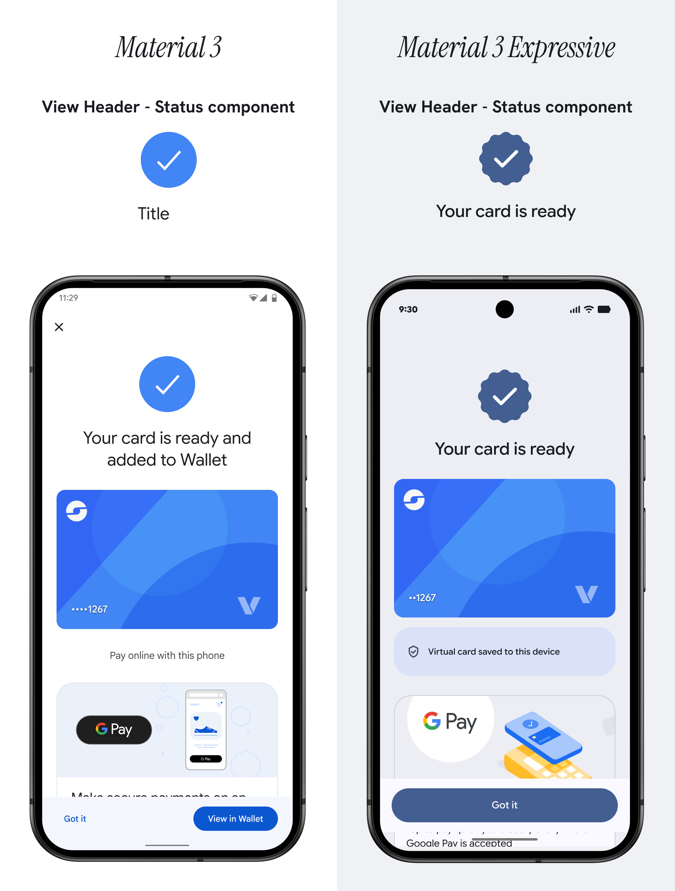 Side by side comparison of the View Header (Status) component in Material 3 versus Material 3 Expressive.