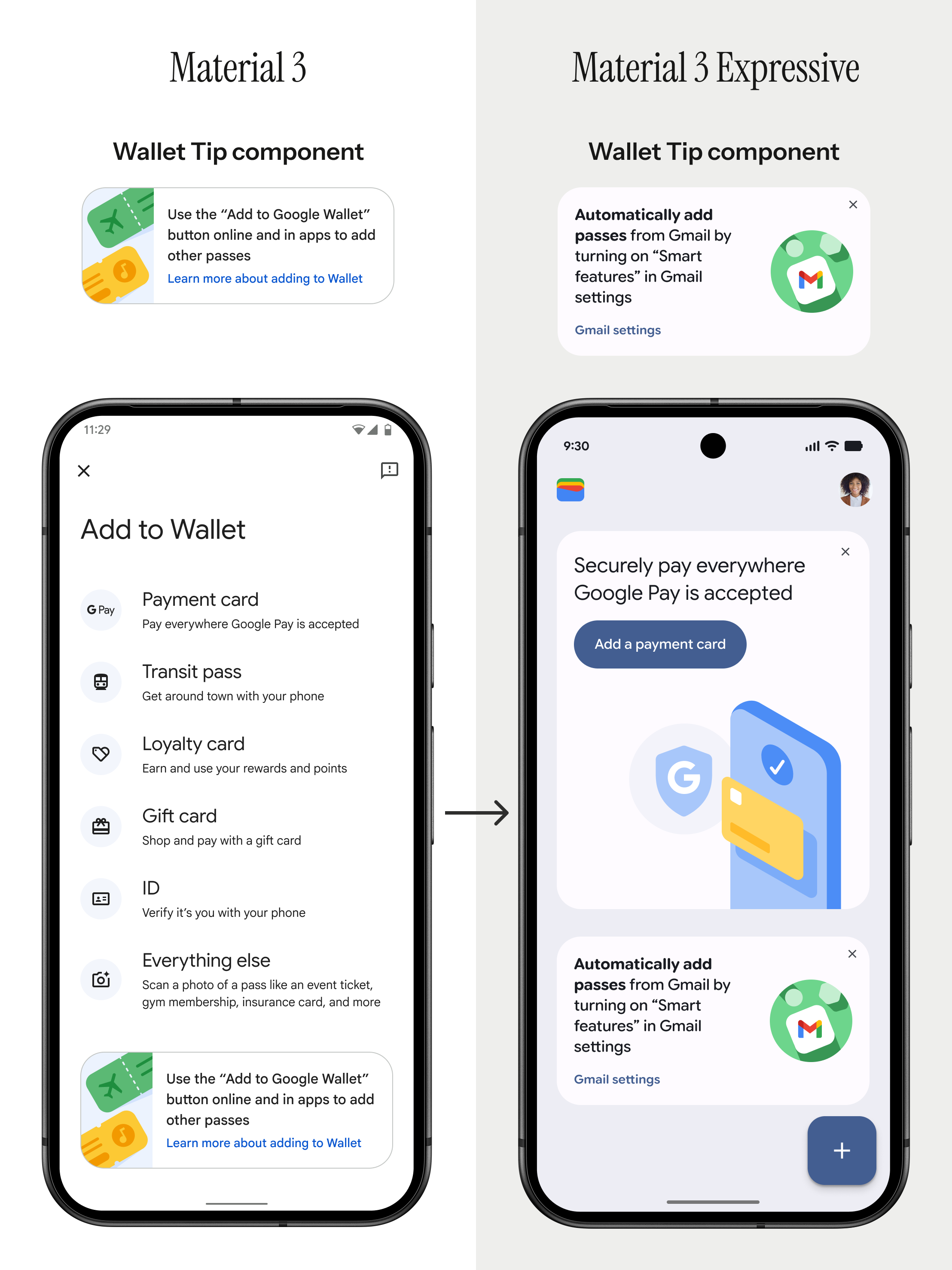 Side by side comparison of Wallet Tip component in Material 3 versus Material 3 Expressive.